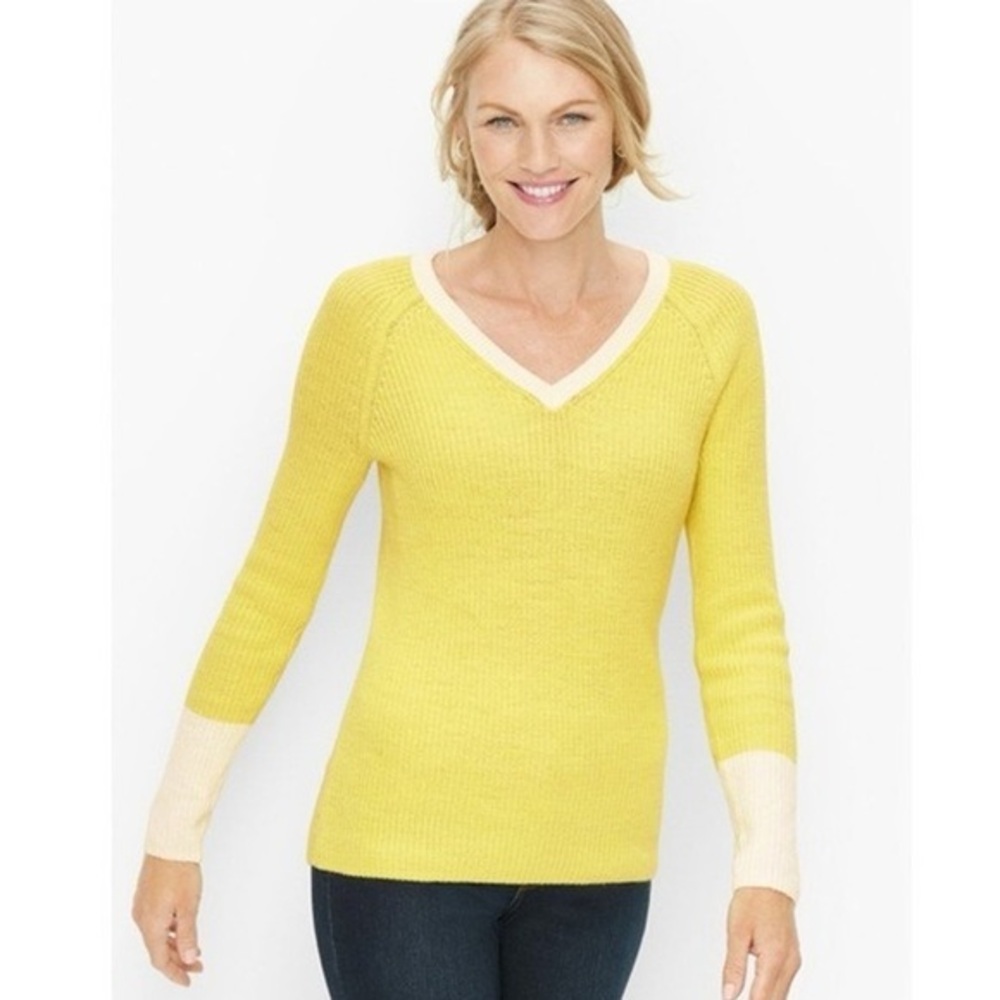 Talbots Women’s Cotton Blend Neon Yellow Sweater Knit Pullover Vneck size XLP